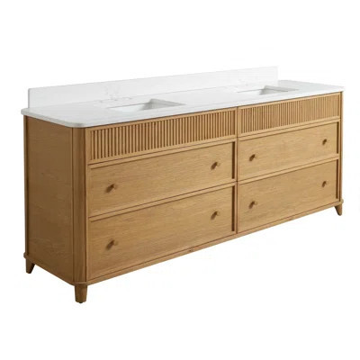 Kathryne Reeded 84" Vanity in Enhanced Natural Oak with Statuario Quartz Countertop | Wayfair North America