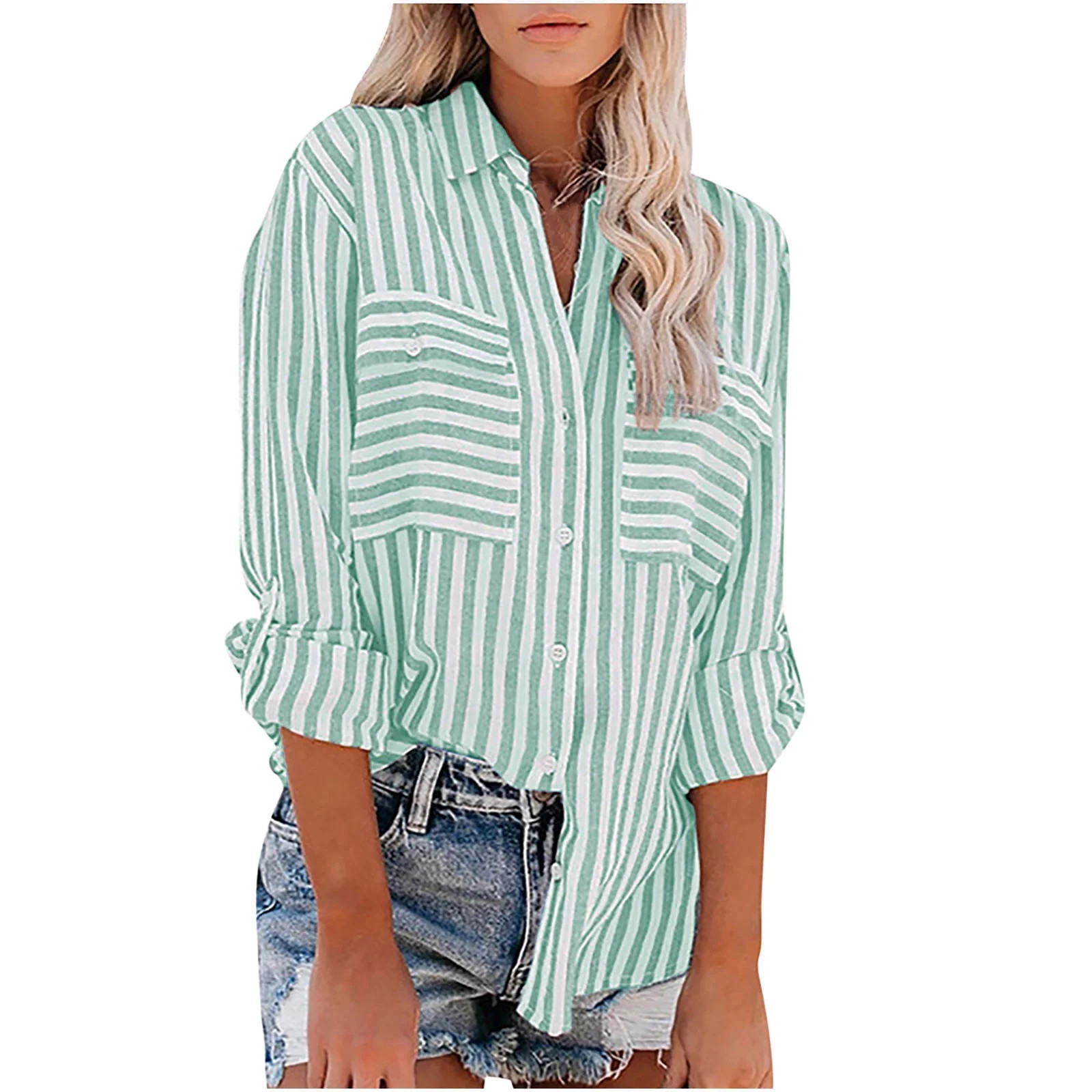 Women's Button Down Shirts Stripe Printed Long Sleeve Collared Business Casual Loose Tops Work Bl... | Walmart (US)