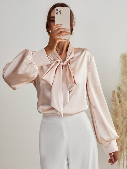 Lantern Sleeve Tie Neck Satin Blouse | SHEIN