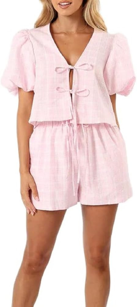 KMBANGI Women Y2K 2 Piece Shorts Set Peplum Puff Sleeve Babydoll Shirt Blouse Shorts Tie Front 2 ... | Amazon (US)