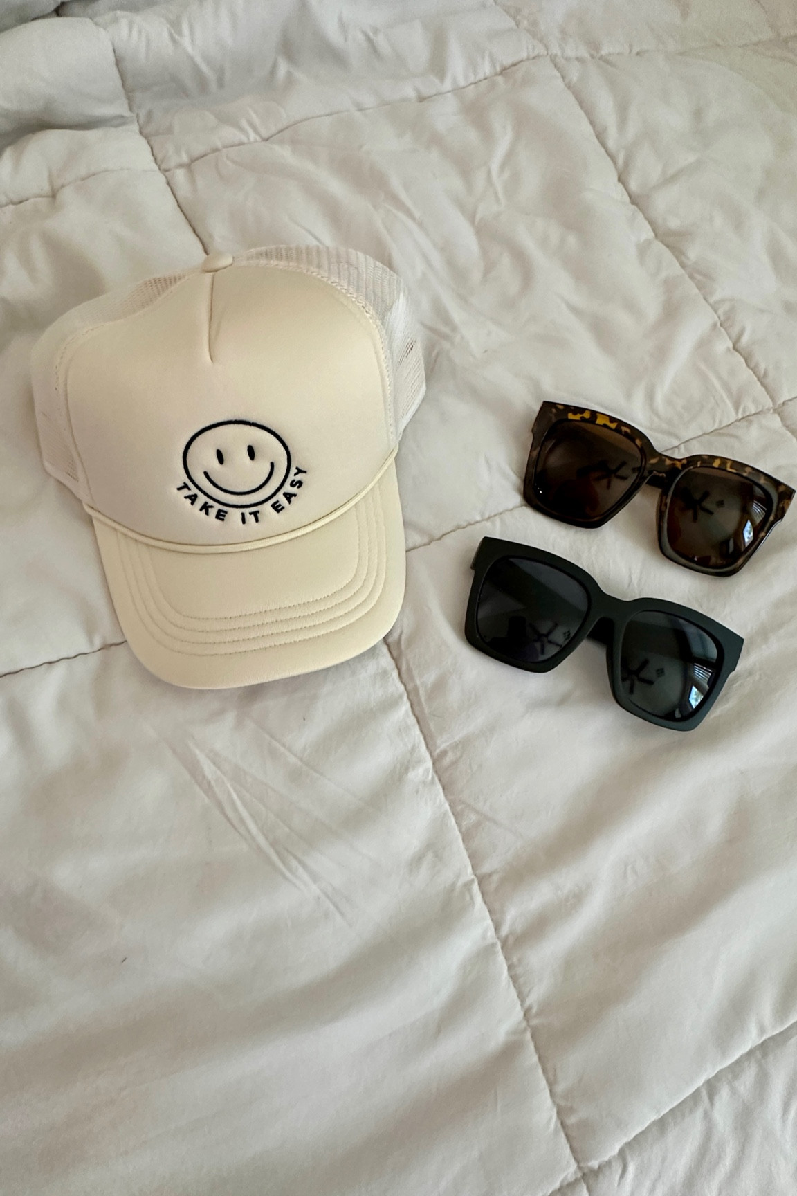 take it easy trucker hat and over sized sunnies, essentials when packing for vacation 

#LTKTravel #LTKSeasonal #LTKFindsUnder50