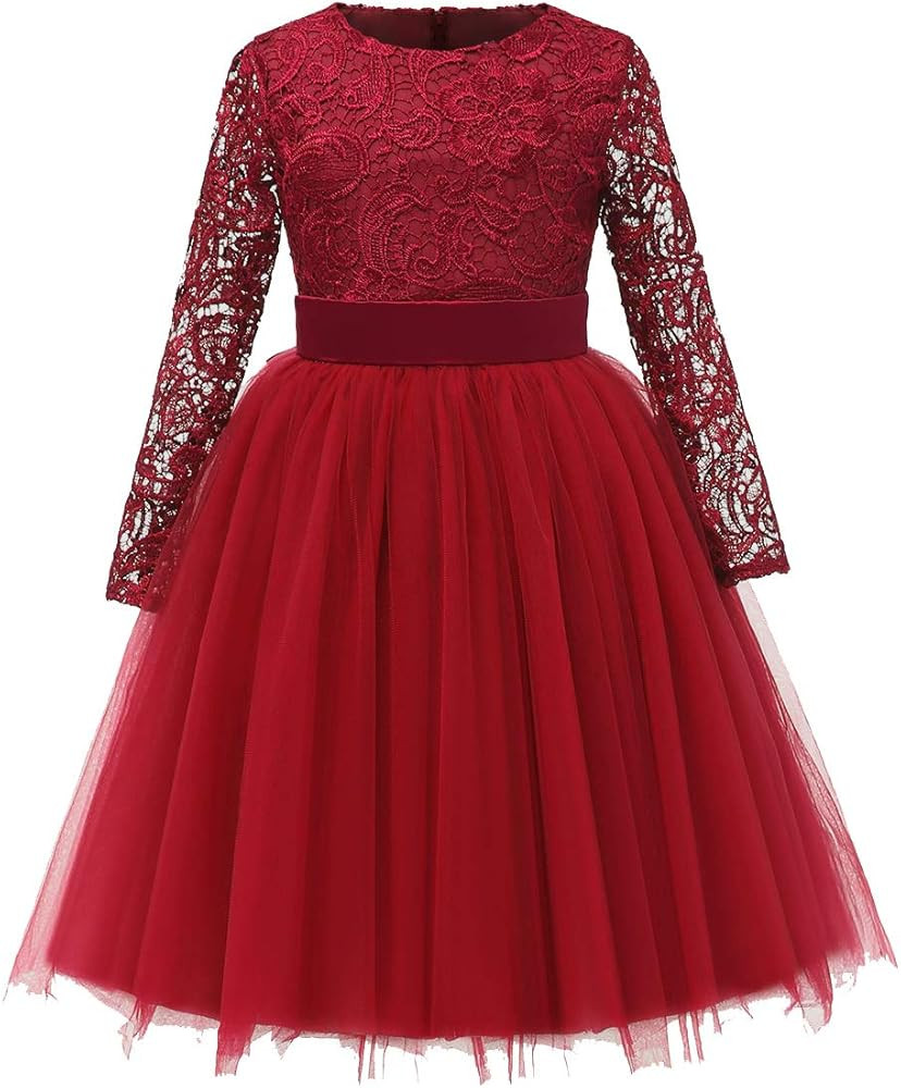 Flower Girl Dress Long Sleeves Lace Top Tulle Skirt Girls Lace Party Dresses | Amazon (US)