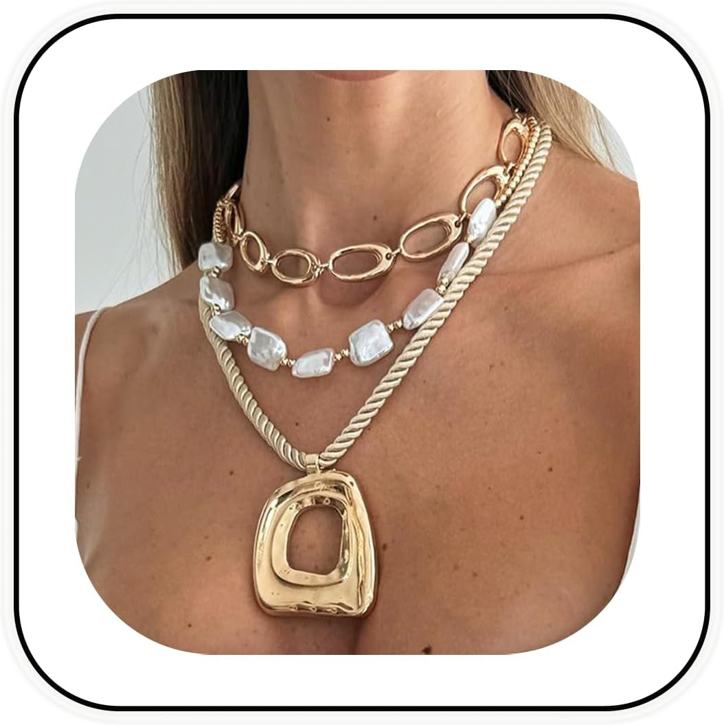 Chunky Gold Layered Necklace for Women Large Cross Oval Pendant Necklace Pearl Chain Choker Punk Vintage Jewelry | Amazon (US)