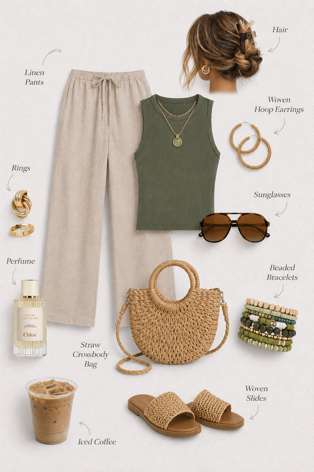 Golden Hour Summer Outfit Inspo ☀️ Neutral tones, woven accessories, and effortless basics make this the perfect chic casual look for coffee runs, beach towns, weekend shopping, and summer vacations. Loving the relaxed linen pants paired with the olive tank and woven slides for that elevated effortless aesthetic. #ad #affiliate

#summeroutfit #summerfashion #amazonfashion #neutralstyle #casualchic #linenpants #outfitinspo #effortlessstyle #vacationoutfit #everydaystyle #capsulewardrobe #amazonfinds #summerstyle #fashioninspo #beachyvibes #minimalstyle #coastalstyle #ootd #styleinspo #neutralaesthetic
