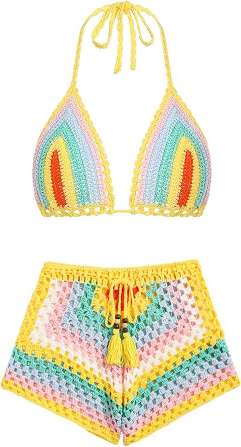 ZAFUL Women's Crochet Triangle Bikini Set Halter Colorful Stripes Knitted Swimsuit Two Piece Bath... | Amazon (US)