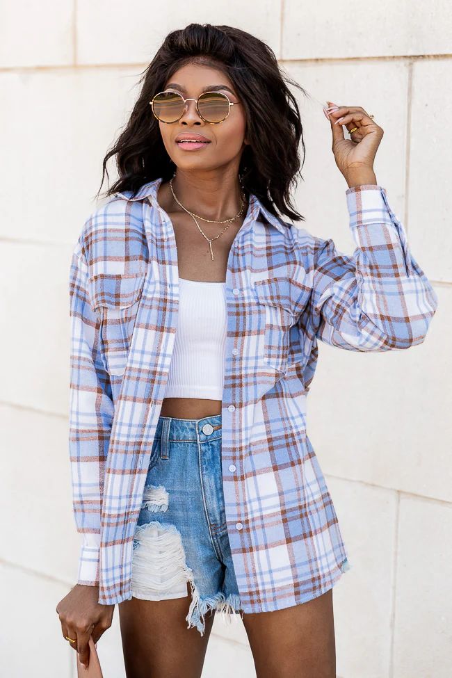 Dreaming Again Blue/Brown Plaid Blouse | Pink Lily