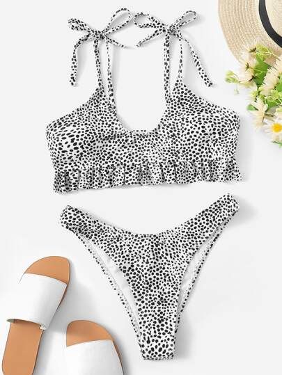 Dot Print Ruffle Top With High Cut Bikini | SHEIN