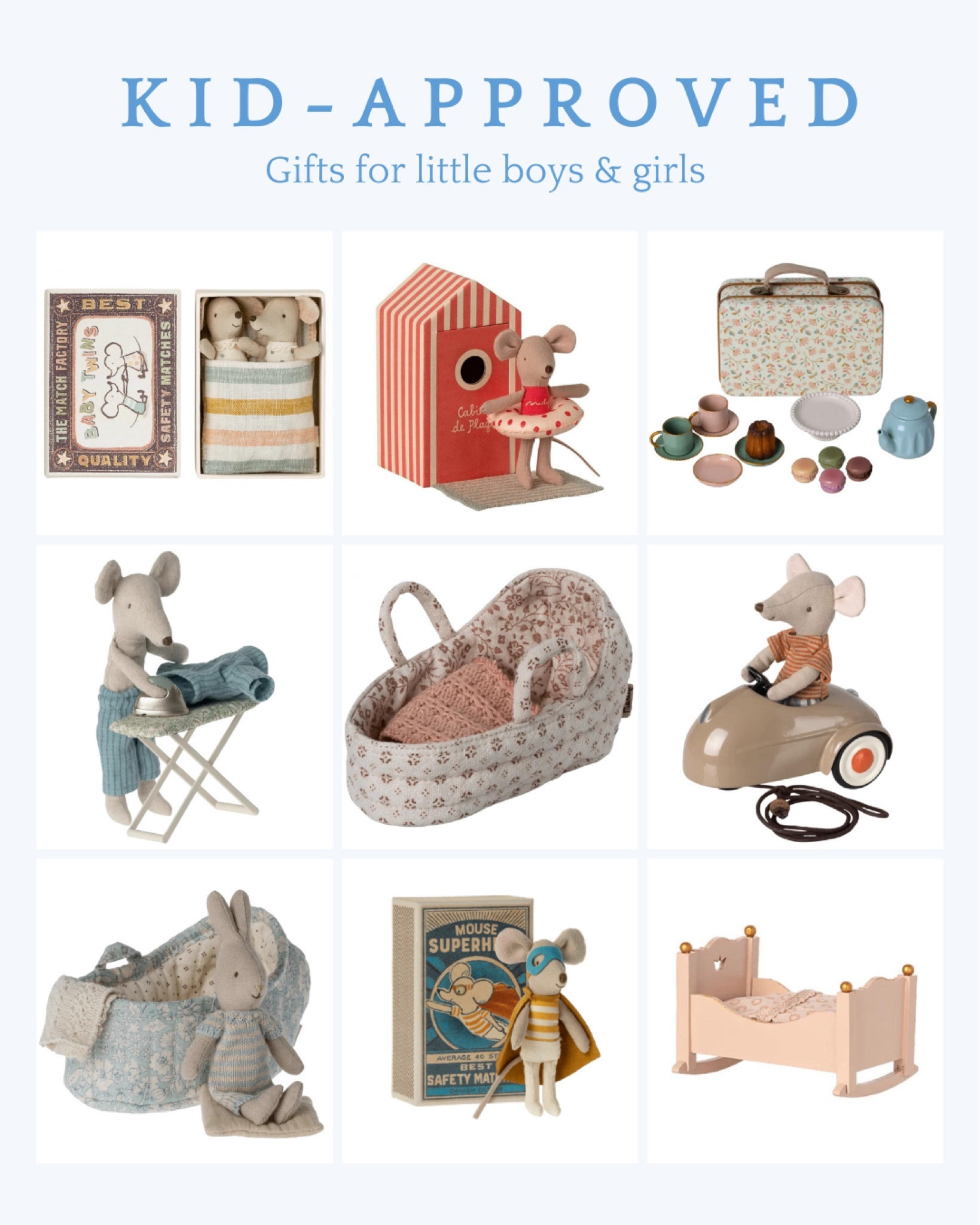 Kid-approved gifts for little boys and girls. My daughter loves all things Maileg Mice and I love that they’re adorable! There are tons of options to build a doll house family and town, will keep them entertained for hours. Great quality, a wonderful gift for toddlers and little boys and gifts. These are all from a small business. 

Gift guide, gift ideas for kids, children’s gifts, dollhouse 

#LTKfindsunder50 #LTKGiftGuide #LTKkids