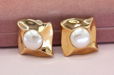Vintage Givenchy 80s-90s Gold Glass Pearl Square Clip-On Earrings | eBay US