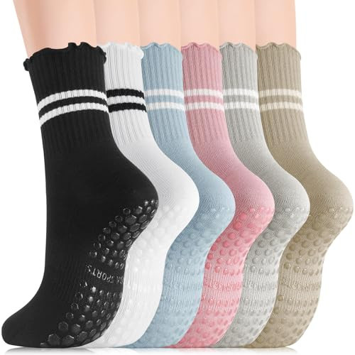 Jspupifip Pilates Socks with Grips for Women, 6 Pairs Ruffle Yoga Socks Frilly Barre Non Skid Athletic Crew Grip Cotton Socks for Ballet, Dance, Workout, Fitness | Amazon (US)