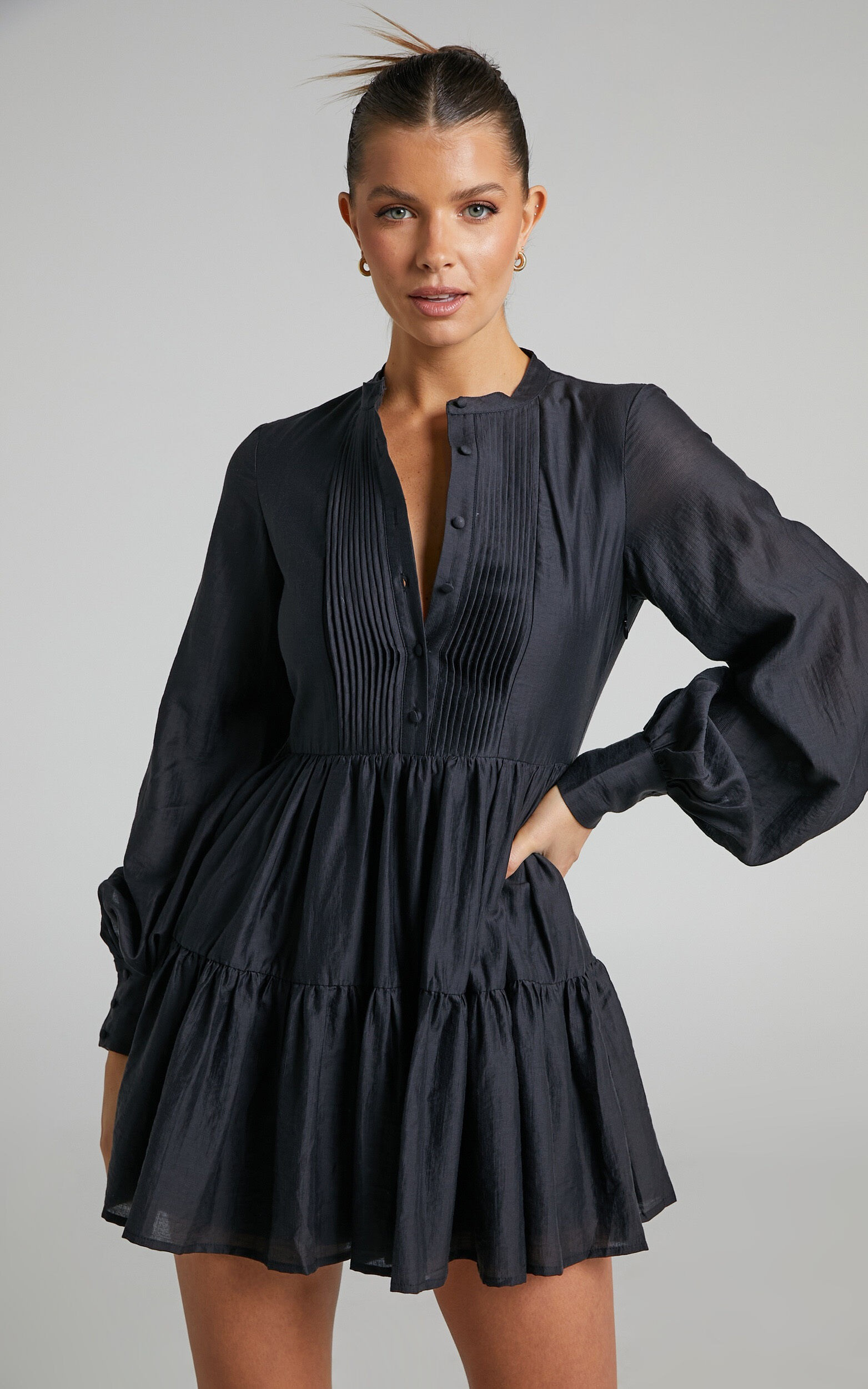 Kyra Pin Tuck Detail Tiered Shift Dress in Black | Showpo - deactived