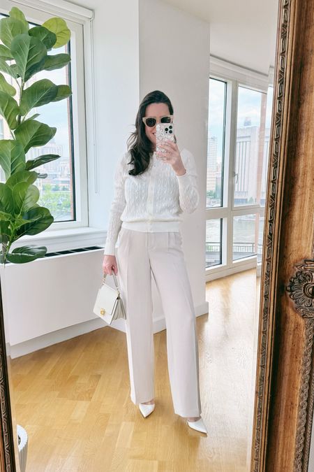 Aritzia Effortless Pant, size 0, matte pearl.

Cable knit cardigan, size S.

Polene bag, not linkable.

White pumps, true to size.

Business casual outfit 🥰

#LTKWorkwear #LTKStyleTip