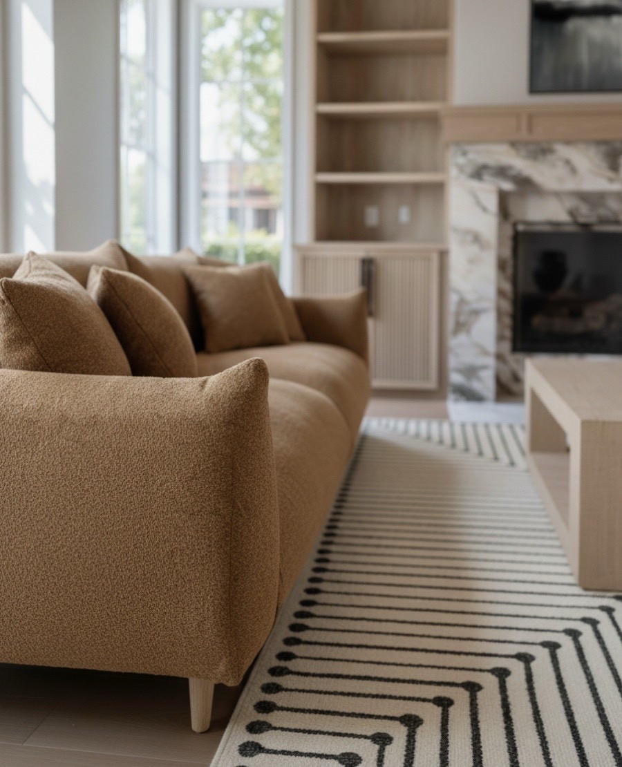 A closer look at this modern living room highlights the warmth and texture of a camel boucle sofa, perfectly contrasted by the clean lines of a patterned neutral rug. The natural wood tones and marble fireplace bring balance, making this space feel inviting yet refined. Soft light and organic materials give it that cozy, high-end feel that defines effortless comfort.

Shop the look:
Camel boucle sofa | Modern patterned rug | Marble fireplace | Light oak coffee table | Neutral living room decor | Cozy minimalist living space 

#LTKSaleAlert #LTKHome