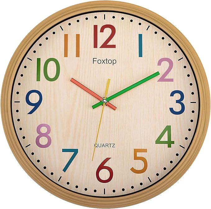 Foxtop Silent Kids Wall Clock 12 Inch Non-Ticking Battery Operated Colorful Decorative Clock for ... | Amazon (US)