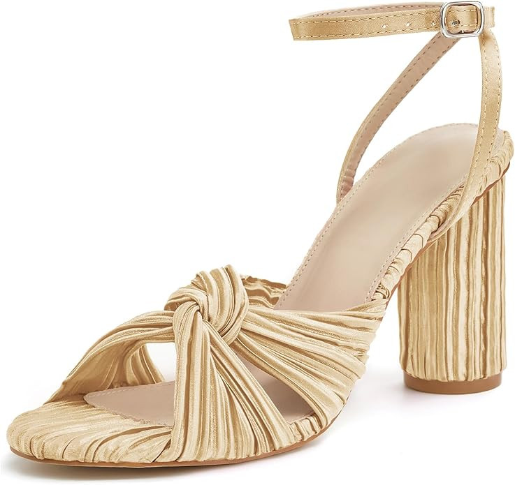 Jauoop Women's Pleated Bow Knot Heeled Sandals Open Toe Ankle Strap Block Chunky Heel Slides Brid... | Amazon (US)