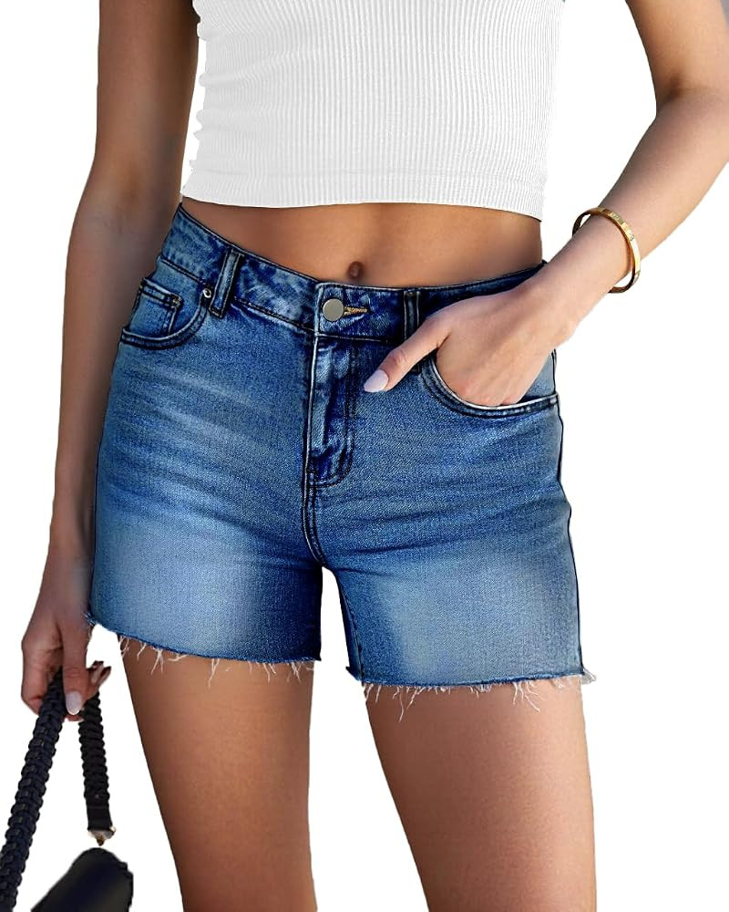 Womens Summer Mid Waisted Denim Jeans Shorts Cutoff Stretchy Hot Denim Shorts | Amazon (US)