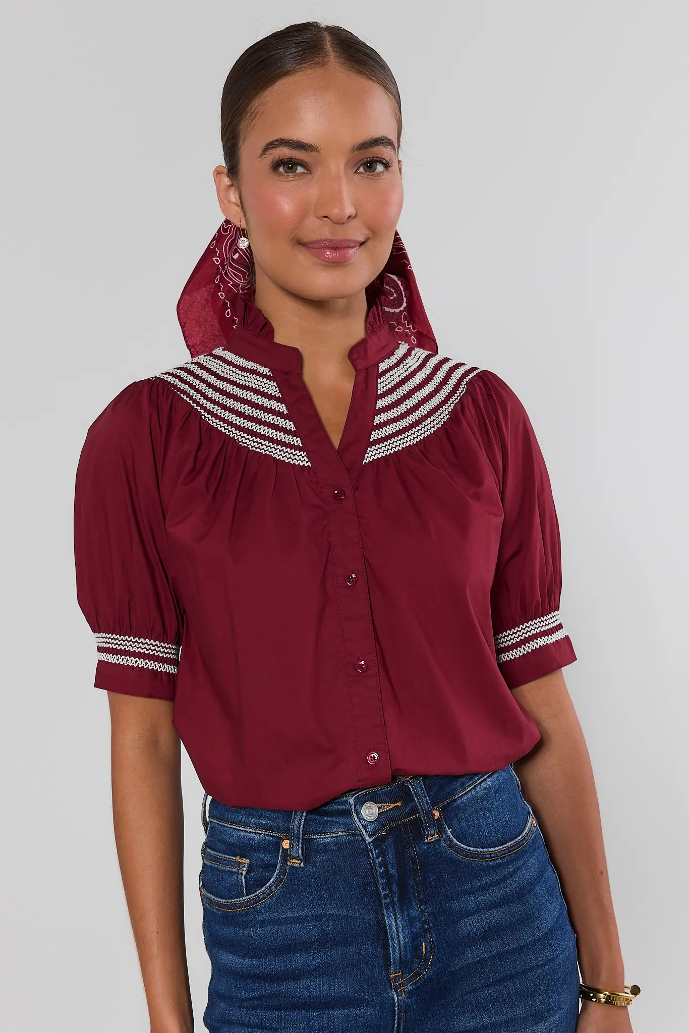 Yvonne Burgundy and White Embroidered Top | Avara