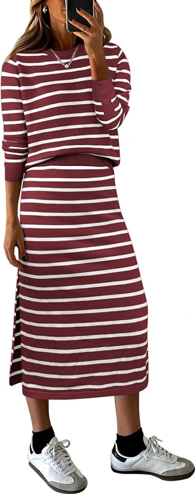 ANRABESS Women 2 Piece Outfits Striped Sweater Skirt Sets 2024 Fall Casual Long Sleeve Pullover T... | Amazon (US)