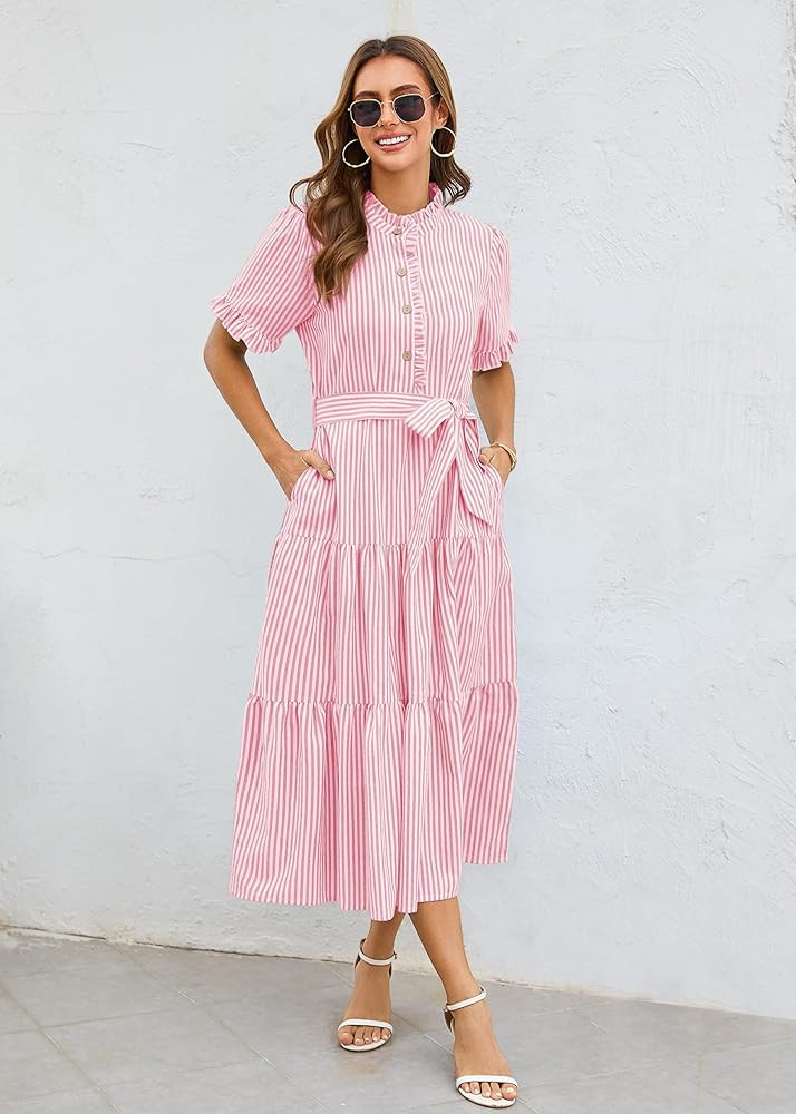 Womens Striped Summer Dress Elegant Ruffled Sleeve Button Down Tie Waist Maxi Shirt Dresses | Amazon (US)
