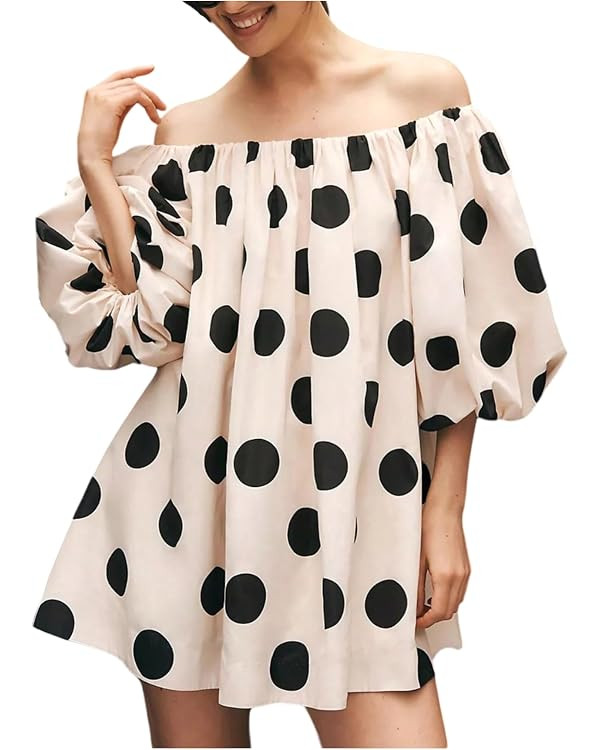 Verdusa Women's Polka Dots Off the Shoulder Dress Lantern Sleeve Loose Straight Mini Dresses | Amazon (US)