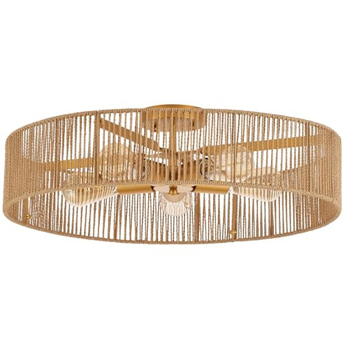 24" Natural Rattan Flush Mount Ceiling Light Fixture Antique Brass Brush Paint Finish Boho Chande... | Amazon (US)