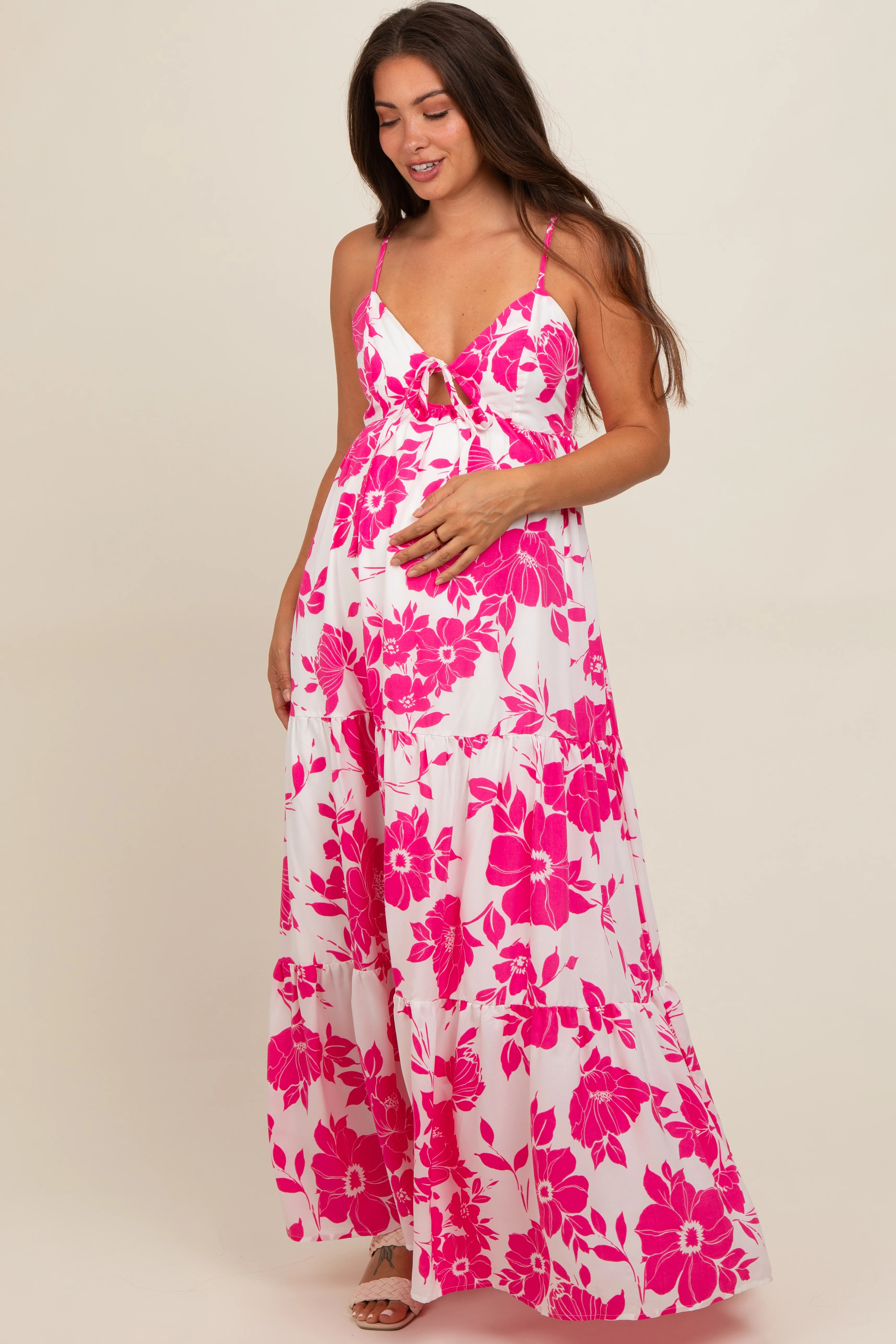 Fuchsia Tropical Floral Open Back Maternity Maxi Dress | PinkBlush Maternity