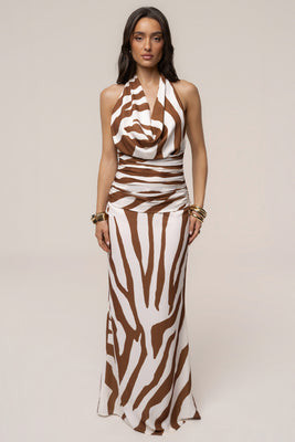 Brown Zebra Impressions Plunge Maxi Dress | JLUXLABEL US