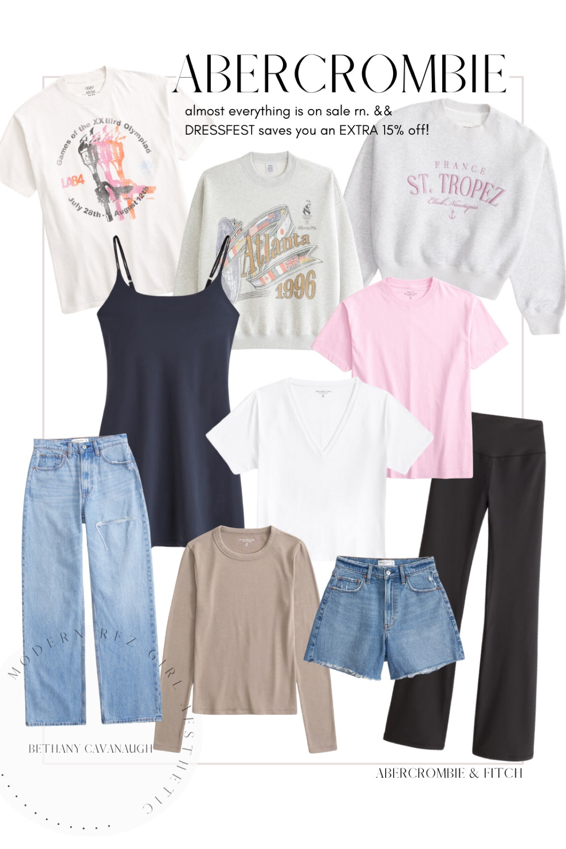 { abercrombie sale ❥

use code DENIMAF to save an EXTRA 15%

• Oversized Olympics Graphic Tee in Cream - L 
*just ordered* 
• Olympics Graphic Crew Sweatshirt 
• Destination Club Sunday Crew in Light Grey - XL
*slightly cropped* 
• Traveler Mini Dress in Navy - L TALL
*just ordered*
• Premium Polished V-Neck Relaxed Tee in White - L
*just ordered* 
• Essential Premium Polished Oversized Tee in Pink - M 
*just ordered* 
• High Rise Loose Jean in Medium w. Thigh Destroy 
*I take a 29 LONG in this style* 
• Long-Sleeve Cozy Lounge Knit Top in Taupe Gray - XL 
• High Rise Dad Short in Medium - 29
• YPB sculptLUX Flare Legging - L SHORT 

Abercrombie Essentials . Casual Midsize Style . Modern Rez Girl Aesthetic } 

#LTKFindsUnder100 #LTKSaleAlert #LTKStyleTip