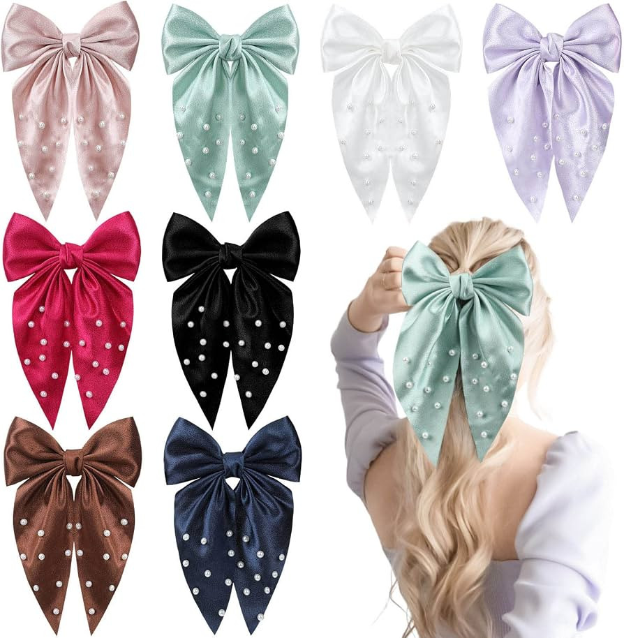 8Pcs Pearl Satin Layered Hair Bows for Women Girls - 5 Inch Barrette Hair Clips With Long Black R... | Amazon (US)