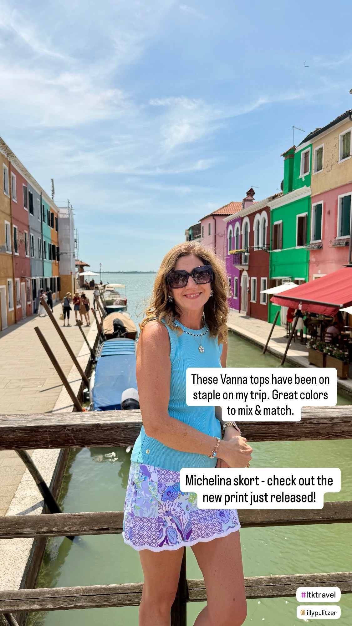 Summer Outfit 

💙💜 Colorful days in Burano 🇮🇹

If there was ever a place made for Lilly Pulitzer, it’s Burano.

The colorful buildings, charming canals, and vibrant energy felt like stepping into one of Lilly’s prints. Today I wore one of my favorite combinations from this trip—the Vanna top in aqua paired with last years Michelina skort in this beautiful lavender print.  Check out the new print perfect for Italy linked below. 

One of the best packing decisions I made for Italy was bringing pieces that mix and match effortlessly. This top has already become a repeat favorite and pairs with several pieces in my suitcase.

Have you been to Burano? Tell me your favorite Italian destination below! 🇮🇹💙

#Burano #BuranoItaly #VeniceItaly #ItalyTravel #EuropeanSummer #LillyPulitzer #LillyStyle #VacationStyle #TravelStyle #ResortWear #PreppyStyle #ColorfulFashion #SummerStyle #OOTD #TravelInStyle #WomenOver50Style #FashionOver50 
#MediterraneanStyle #LTKTravel #CruiseStyle

 Burano Italy
Italy Travel
Lilly Pulitzer
Vacation Style
European Summer
Resort Wear
Travel Fashion
Venice Italy
Women Over 50 Fashion
Colorful Outfit

#LTKOver40 #LTKSeasonal #LTKTravel