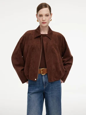 Faux Suede Bubble Hem Women Zip-Up Cropped Jacket | GOELIA
