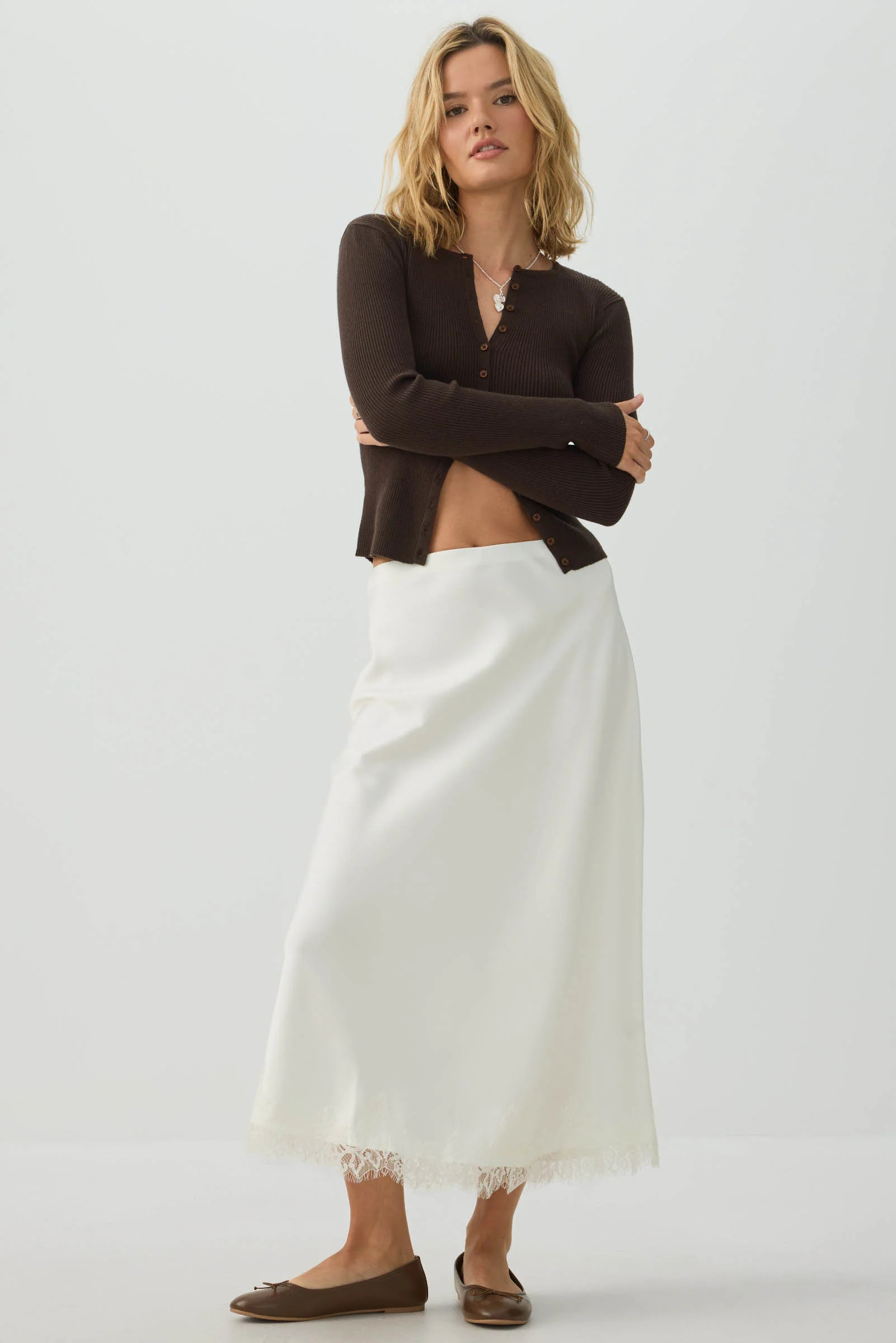 Satin Lace Trim Maxi Skirt Off-White | Ardene Canada | Ardene US