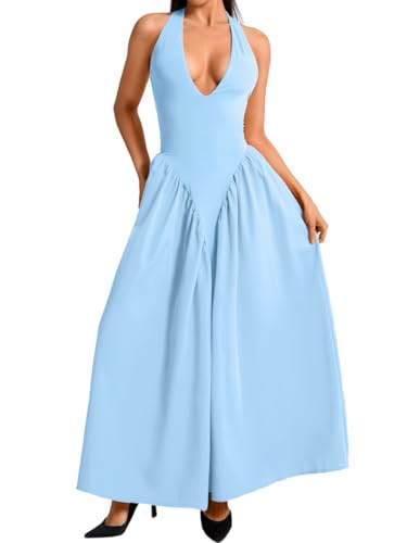 ChiaoLezhee Deep V Neck Dress, Halter Maxi Dresses, Vacation Date Night, Sexy for Women Corset Flowy Wedding Guest Drop Waist Bridesmaid A Line Pastel Backless Semi Formal, Light Blue, Small | Amazon (US)
