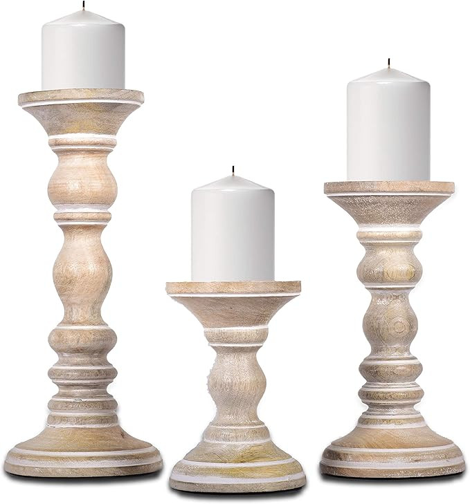 Mela Artisans Whitewash Wood Candle Holders for Pillar Candles Set of 3 | Willow Decor Style for ... | Amazon (US)