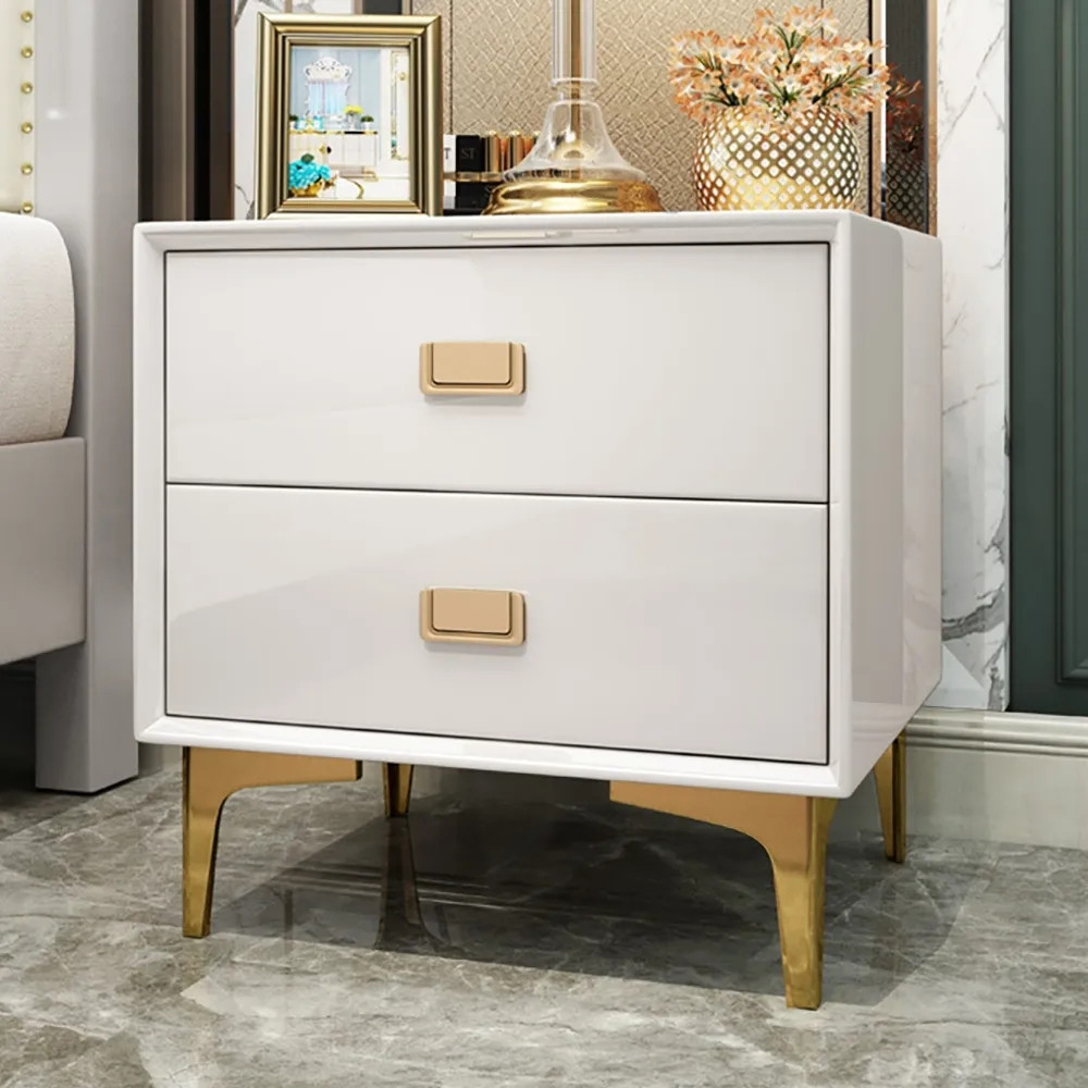 Modern White Nightstand 2 -Drawer Bedside Table in Gold Finish | Homary