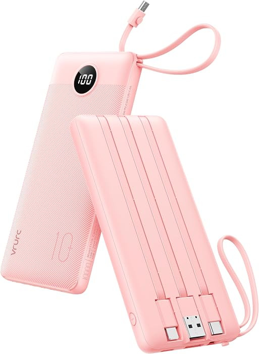 VRURC Portable Charger Power Bank, Built-in 4 Cables & 2 Ports,10000mAh Slim Battery Pack with LE... | Amazon (US)