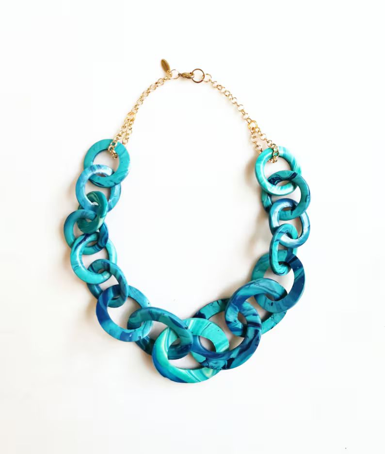 Teal Blue Chunky Link Statement Necklace Swirly Aqua Blue | Etsy | Etsy (US)