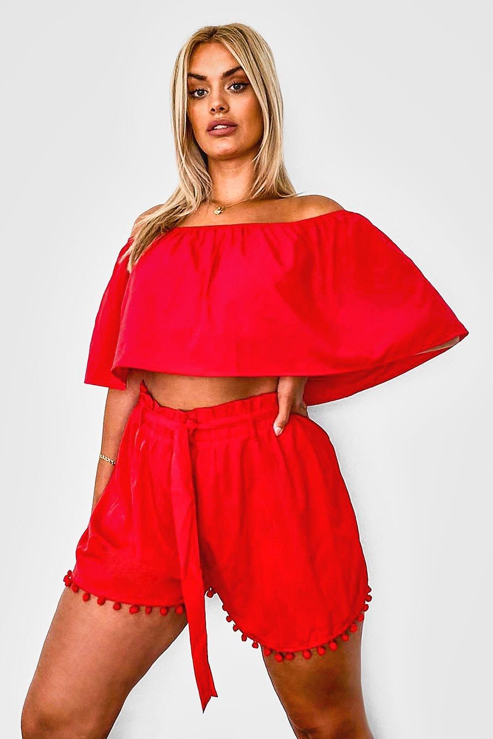 Plus Off Shoulder Pom Pom Short Two-Piece | Boohoo.com (US & CA)