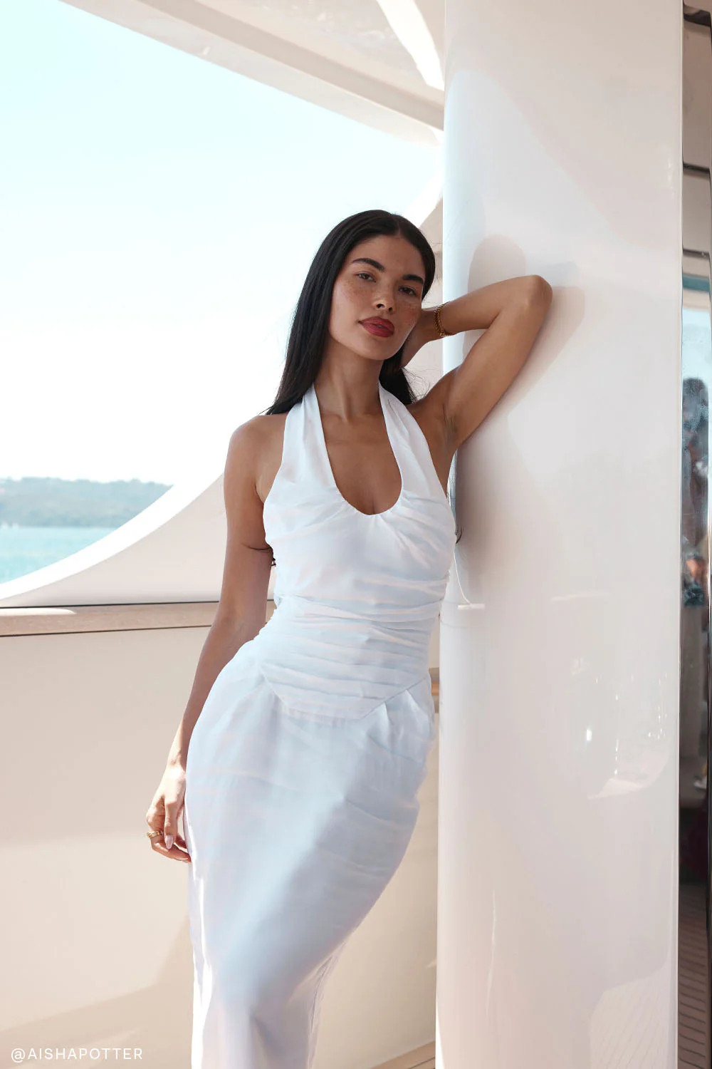 Ruched Halter Midi Dress - White | MESHKI US