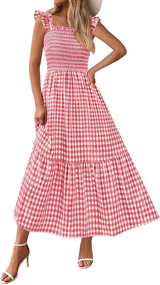 PRETTYGARDEN Womens Summer Dress Casual Square Neck Ruffle Strap Gingham Smocked Midi Flowy A Lin... | Amazon (US)