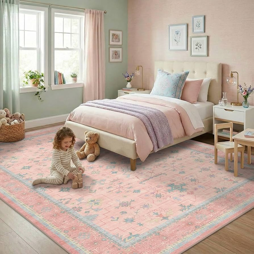 Washable Pink and Blue 8x10 Oushak Rugs for Bedroom Girls Dorm Living Room, Modern Floral Aethest... | Amazon (US)
