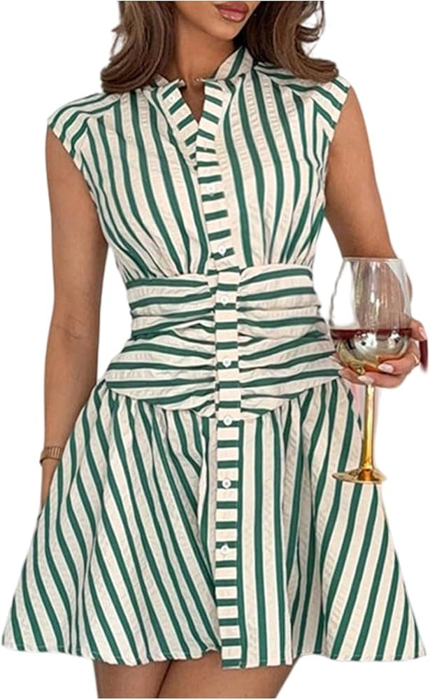 SOLY HUX Women's Striped Button Down Shirt Dress Elegant Ruched Cap Sleeve Mini Work Dresses with... | Amazon (US)