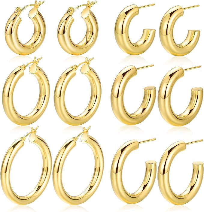 Gold Hoop Earrings for Women, 14K Real Gold Plated Lightweight Chunky Gold Hoops Earrings for Gif... | Amazon (US)
