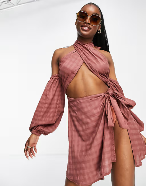 ASOS DESIGN cross neck wrap beach dress in chocolate | ASOS (Global)