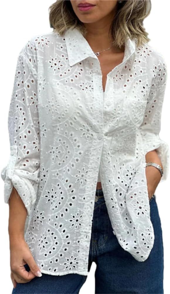 hathne Women's Crochet Embroidery Eyelet Tops Shirt Blouse Boho Long Sleeve Button Front Oversize... | Amazon (US)