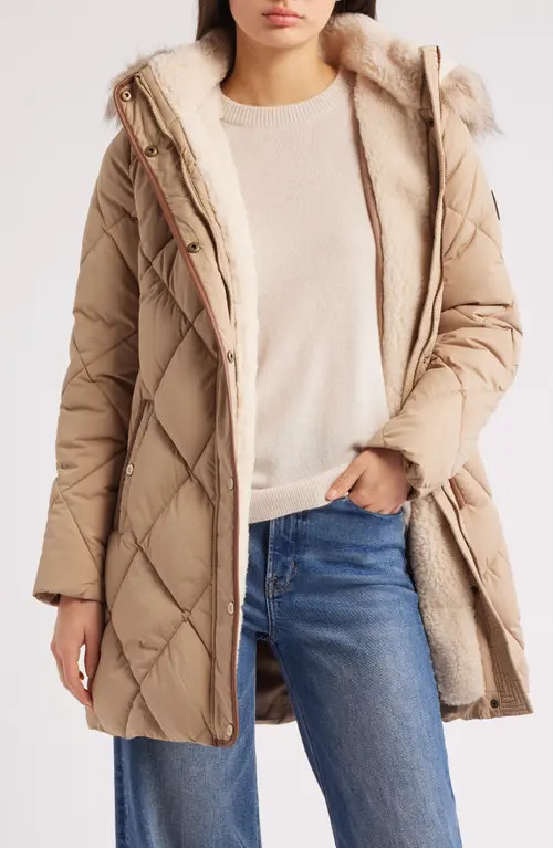 Lauren Ralph Lauren Faux Fur Trim Hooded Puffer Jacket in Birch Tan at Nordstrom, Size Large | Nordstrom