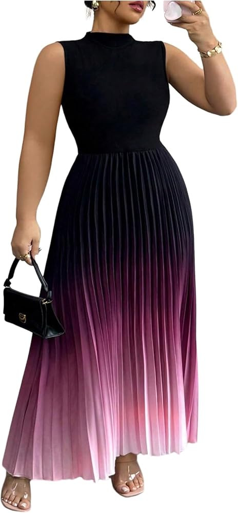SOLY HUX Women's Plus Size Maxi Dress Ombre Mock Neck Sleeveless Pleated A Line Flowy Long Dresse... | Amazon (US)
