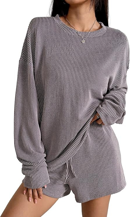 Womens 2 Piece Sets Ribbed Textured Knit Long Sleeve Shirts and Shorts Matching Lounge Set Lounge... | Amazon (US)