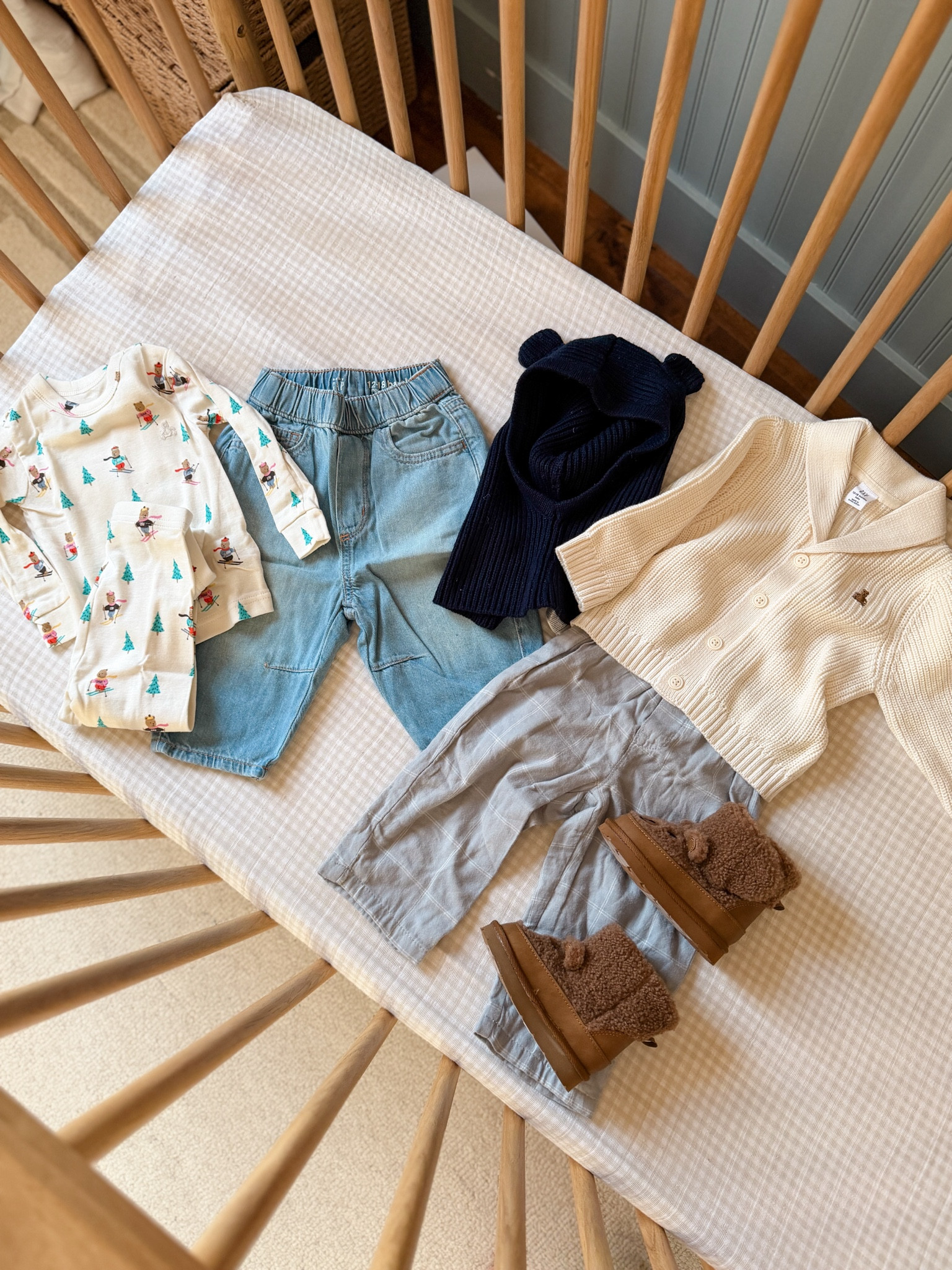 My most recent baby gap haul consisted of a matching pajama set with skiing teddy bears, baby barrel Jeans, a teddy bear baklava, the cutest cardigan with plaid pants, and teddy bear snow boots! Toddler fashion, toddler boy style 

#LTKBaby