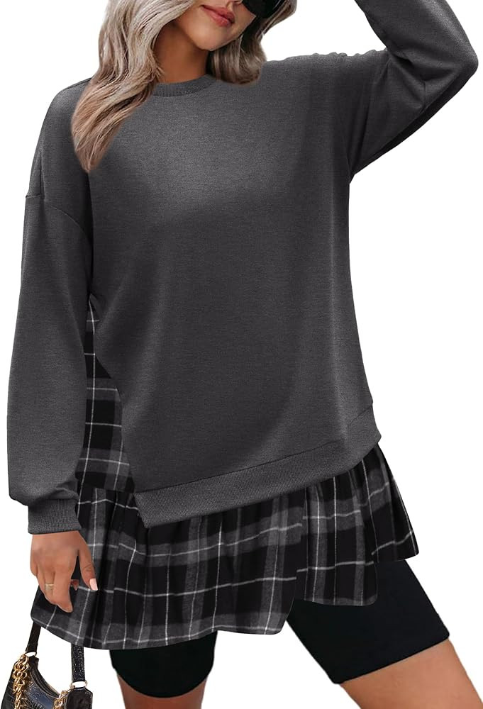 Zeagoo Women Oversized Sweatshirt Plaid Patchwork Dress Long Sleeve Crewneck Loose Pullover Tops ... | Amazon (CA)